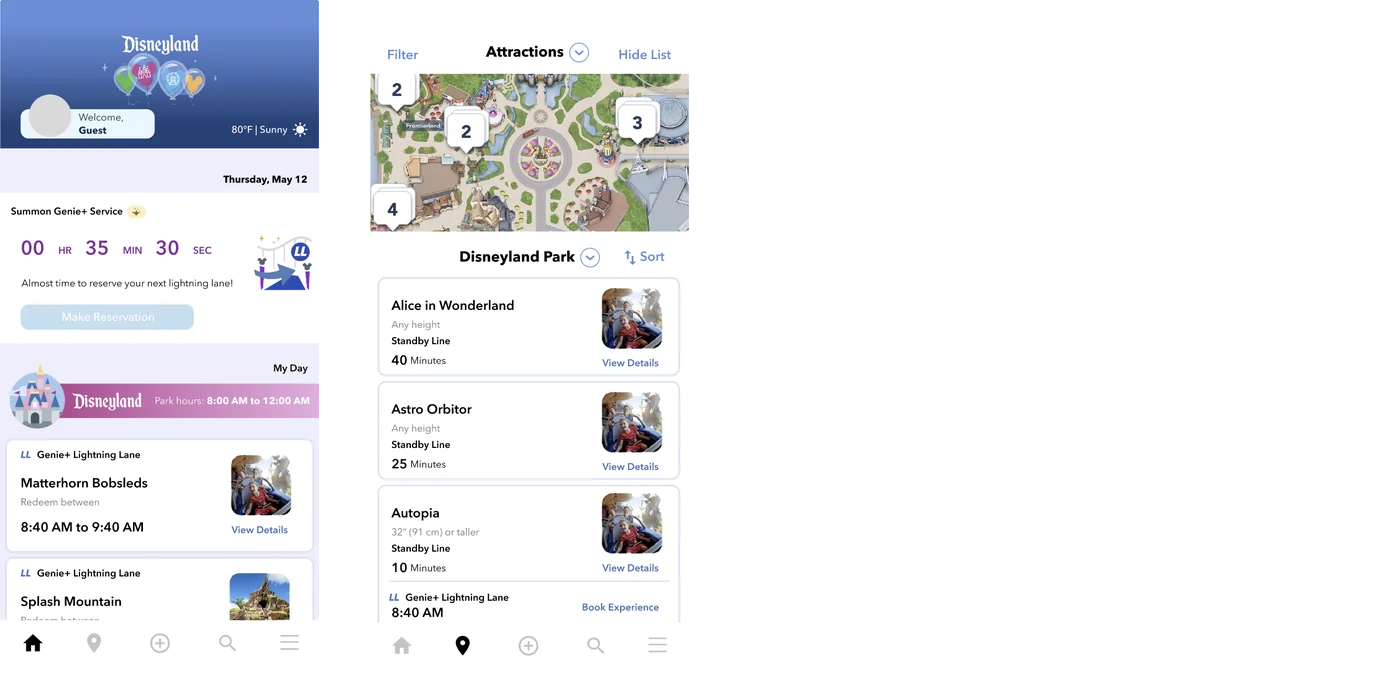 After: two screens: a home screen with the Genie+ countdown and My Day itinerary, and a map with the ride list, wait times and Lightning Lane booking