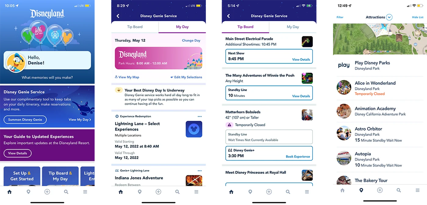 Before: four screens from the 2022 Disneyland app: a home screen of promotional banners, the Disney Genie Service My Day tab, the separate Tip Board tab, and the map's attraction list