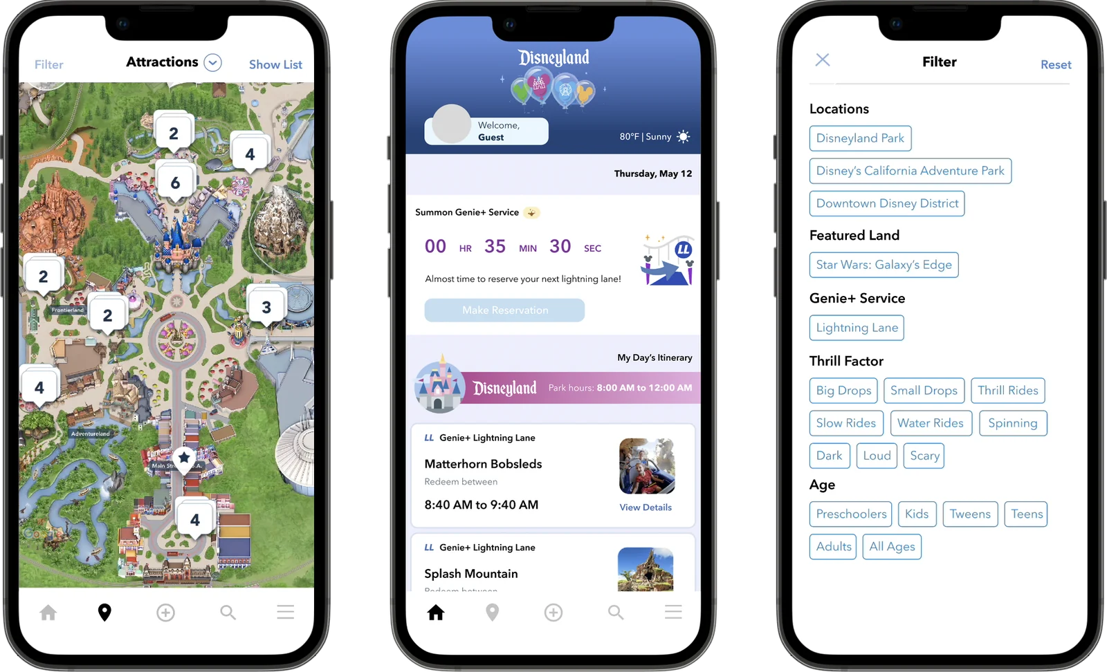 Three phones showing the reimagined Disneyland app: an attractions map of Disneyland Park with numbered ride clusters, a home screen with a Genie+ countdown to the next Lightning Lane booking above My Day's itinerary, and a filter sheet for location, land, Genie+ Lightning Lane, thrill factor and age