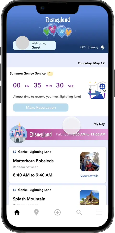 Animation of the reimagined home screen scrolling: a Summon Genie+ Service card counting down 00 hours 35 minutes 30 seconds to the next Lightning Lane booking, with a Make Reservation button, then My Day's itinerary with park hours and Genie+ Lightning Lane cards for Matterhorn Bobsleds and Splash Mountain