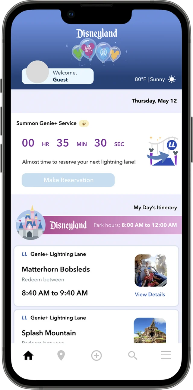 The reimagined Disneyland home screen: weather in the header, the Genie+ countdown, park hours in the My Day banner, and Lightning Lane itinerary cards