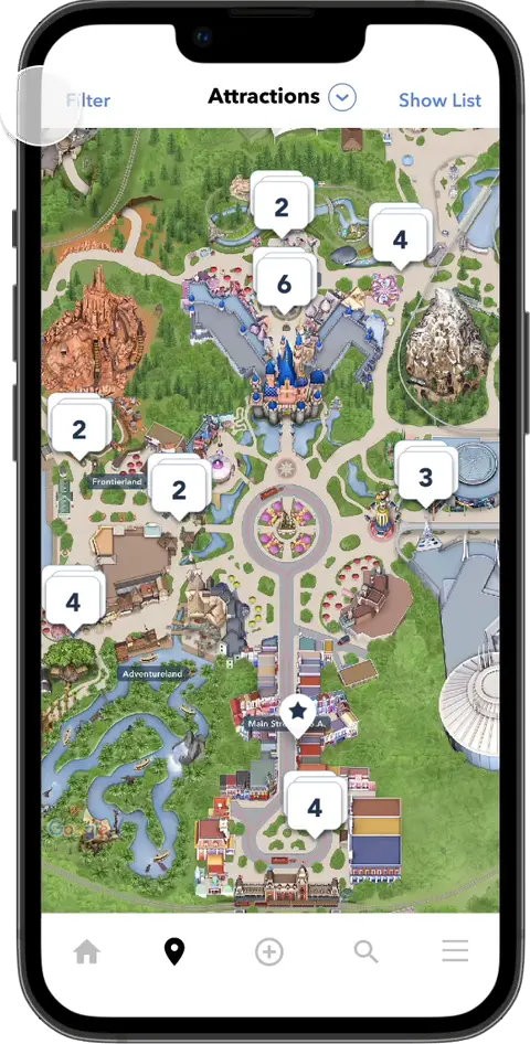 Animation of the reimagined map: an attractions map of Disneyland Park, a filter sheet with options for location, featured land, Genie+ Lightning Lane, thrill factor and age, then the map shrinks above a ride list showing each ride's height requirement, standby wait and Genie+ Lightning Lane time with a Book Experience link