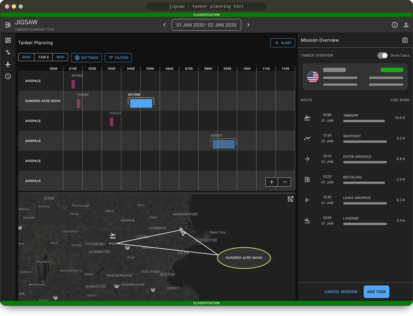 Sanitized Jigsaw tanker planning screen: an airspace timeline with tanker missions as blocks, the Map View with a route from base ROO through a waypoint to the Hundred Acre Wood refueling airspace, and a side drawer listing takeoff, waypoint, enter airspace, refueling, leave airspace and landing with fuel burn at each step