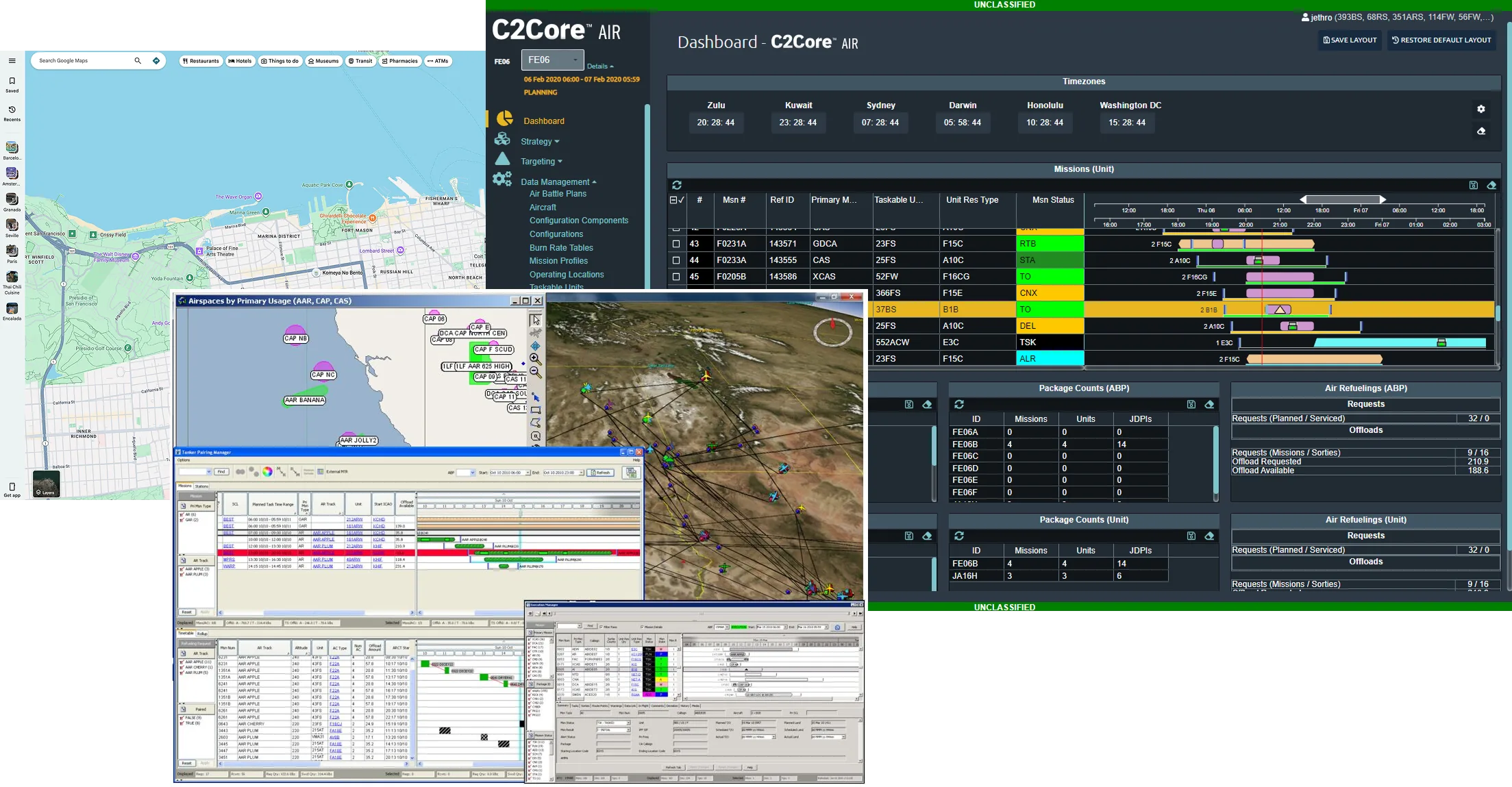 Collage of the tools in planners' workflows: the C2Core AIR mission dashboard with tables and a Gantt chart, separate airspace maps, a 3D globe view, older desktop windows with spreadsheet-style tables, and Google Maps