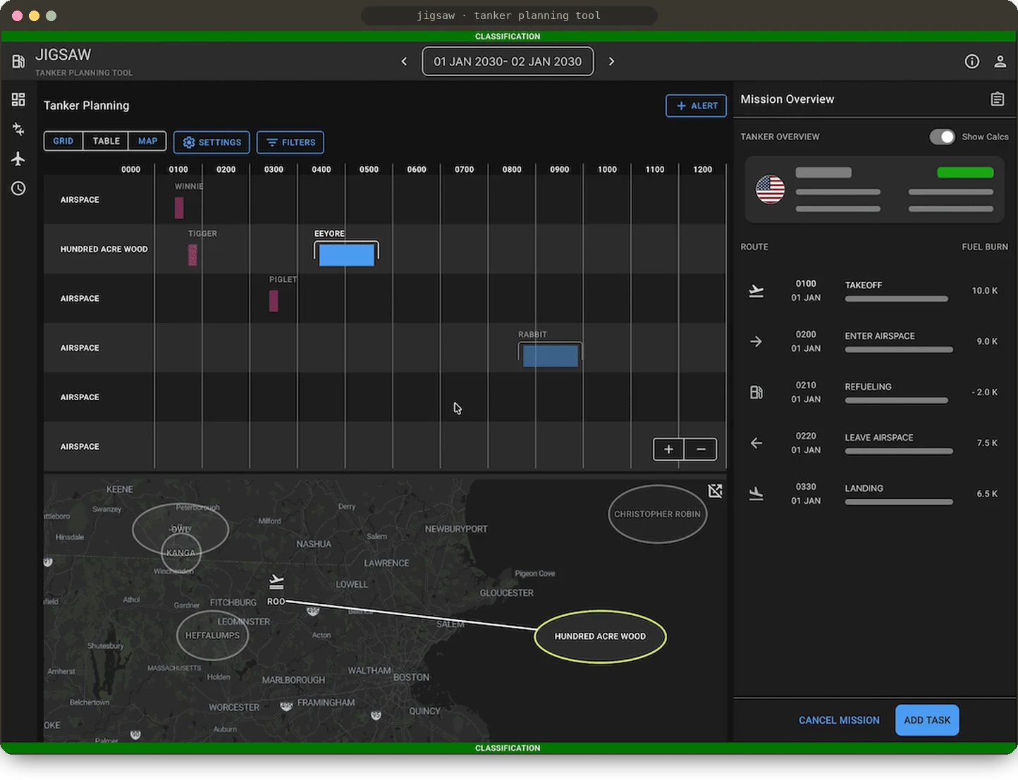 Jigsaw grid view with the Map View pane open below: selecting the Eeyore tanker draws its route from base ROO to the Hundred Acre Wood refueling airspace, with nearby airspaces outlined, and the side drawer lists the route steps with fuel burn