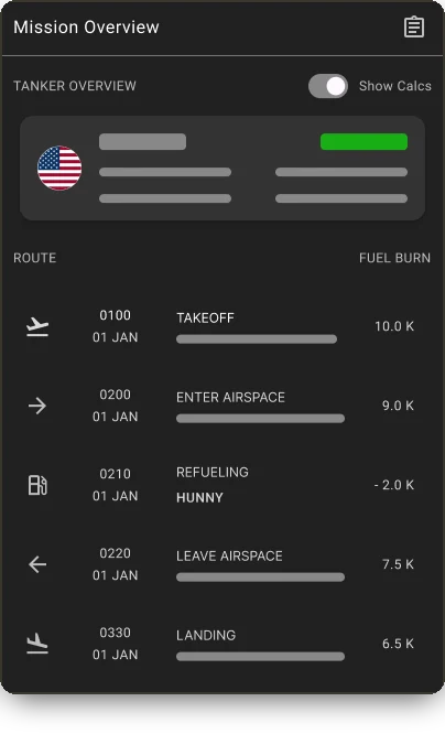 Side drawer timeline: tanker overview with a Show Calcs toggle, then the route in flight order with time and fuel burn for each step: takeoff 10.0K, enter airspace 9.0K, refueling Hunny minus 2.0K, leave airspace 7.5K, landing 6.5K