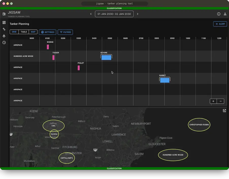 Animation: the planner selects the Eeyore tanker mission, its route appears on the map, they drag the route line to add a waypoint, and the side drawer inserts a waypoint step and lowers fuel burn for every later step