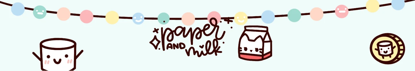 The Paper and Milk shop banner: a garland of pastel smiling dots over the hand-lettered 'paper and milk' logo, a marshmallow character, a cat-faced milk carton and a marshmallow coin