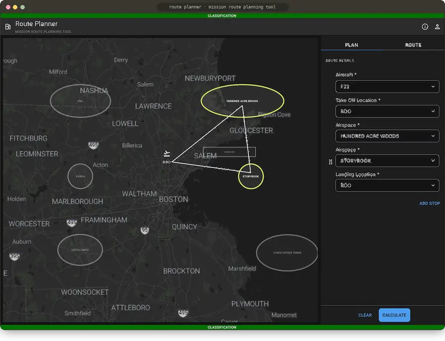 Animation: the planner calculates a route; the Route tab flags insufficient fuel and shows minus 1.0K at landing; they add refueling, choose the Narrator air refueling track and request 4.0K pounds, and the timeline gains a plus 4.0K refuel stop and lands with 2.0K