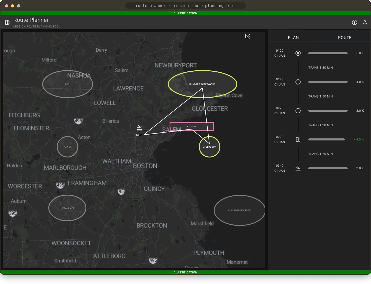 Sanitized Route Planner screen: a dark map with an F-22 route from base ROO to the Hundred Acre Woods and Storybook airspaces, refueling at the Narrator track, and a Route tab timeline listing each stop with transit time and fuel remaining, including a plus 4.0K refuel