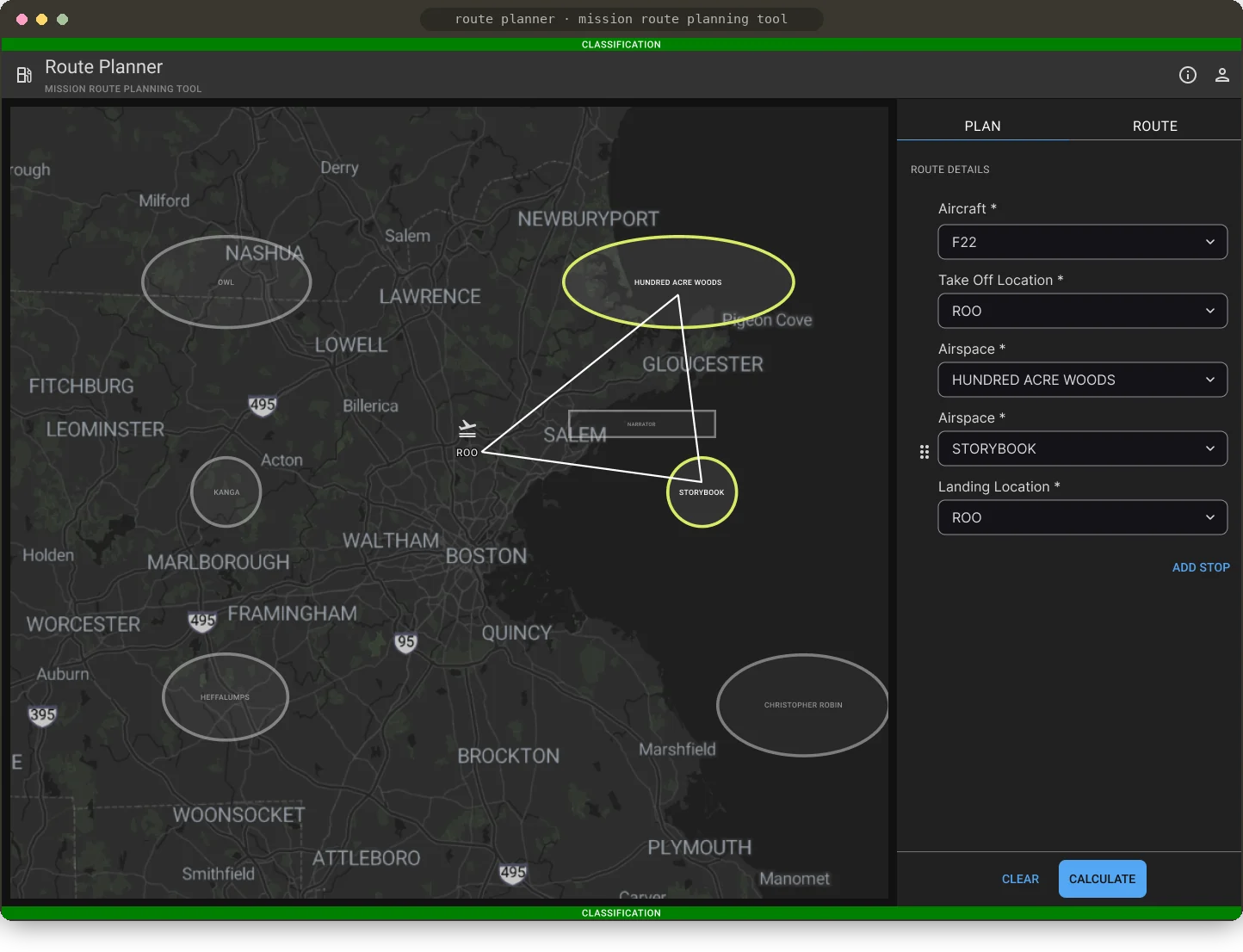 Route Planner Plan tab: required dropdowns for aircraft F22, takeoff location ROO, airspaces Hundred Acre Woods and Storybook with a drag handle to reorder them, landing location ROO, an Add Stop link, and Clear and Calculate buttons; the map shows the triangle route