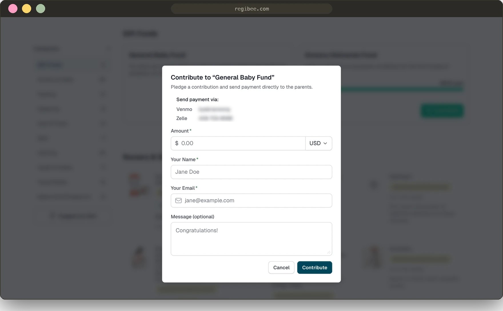 Contribute to General Baby Fund modal: payment handles, amount, name, email and message fields