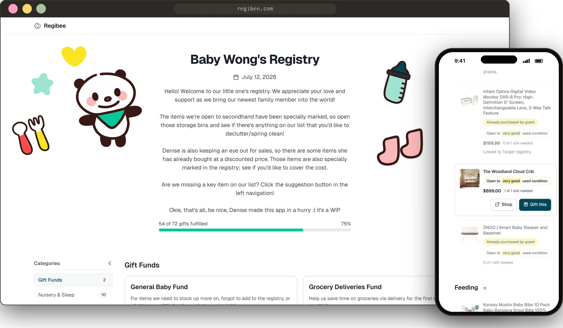 Regibee live registry: a welcome page with panda illustrations and a 54-of-72 gifts-fulfilled progress bar on desktop, beside the mobile item list