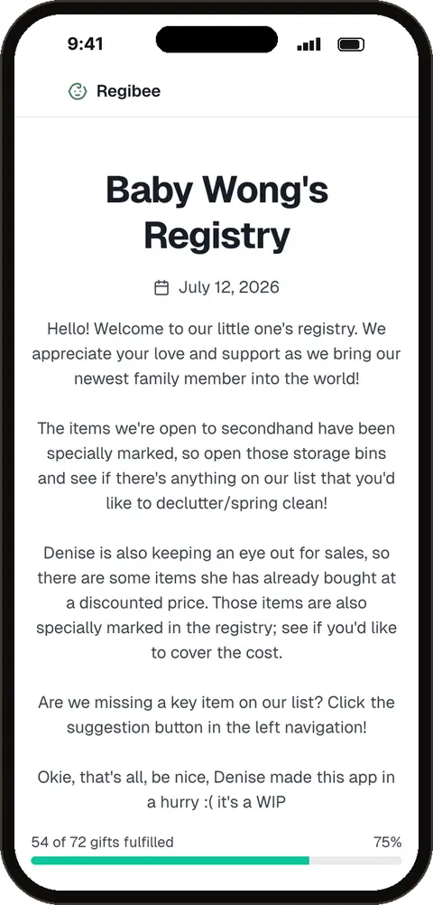 Mobile gift-giver flow: scroll the registry, review gift funds, tap Gift this on an item, and the purchase-and-gift form opens