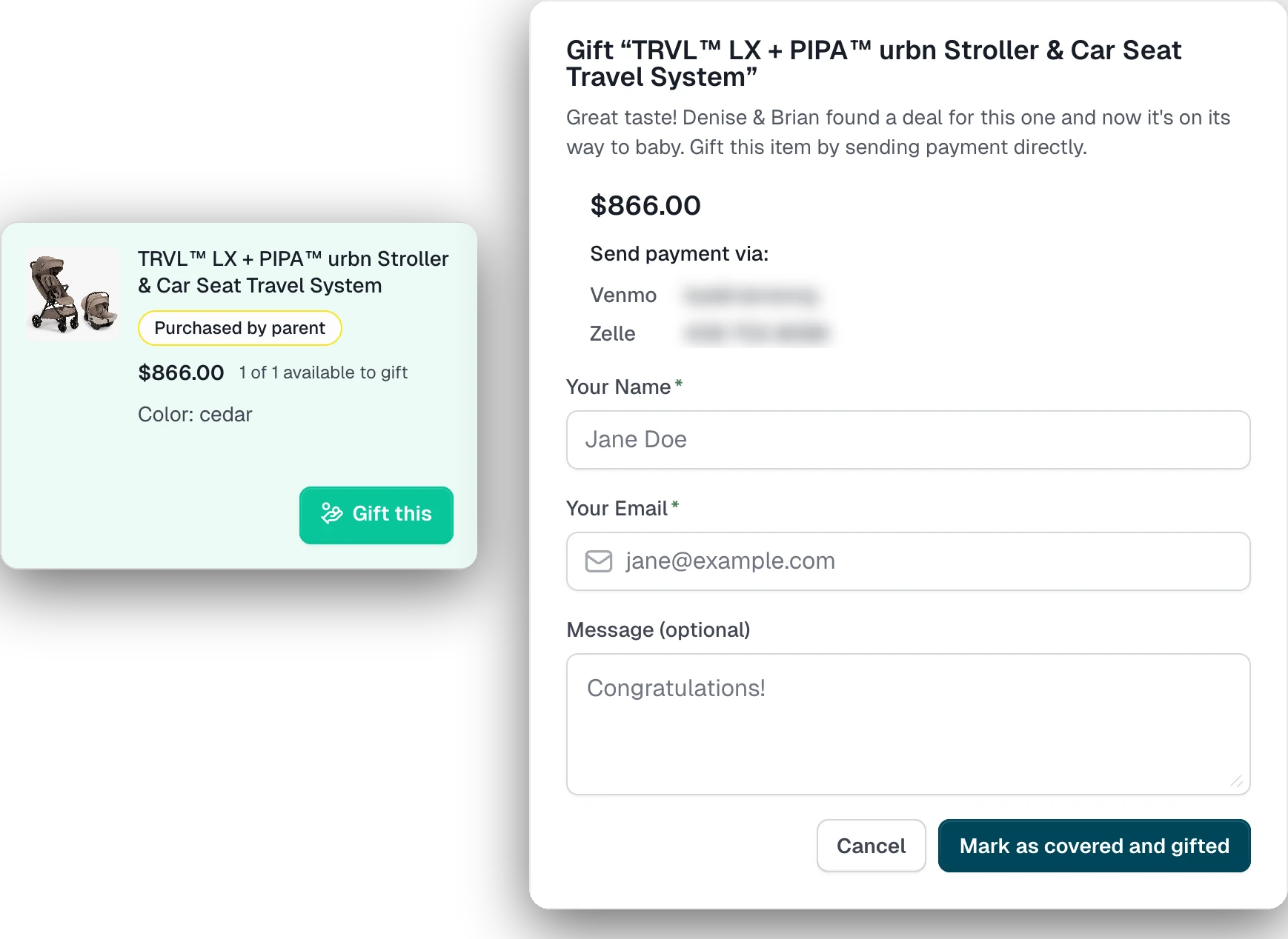 A stroller and car seat system card tagged Purchased by parent with a green Gift this button, beside the dialog a guest sees: Great taste, Denise and Brian found a deal for this one, with the amount, payment methods (blurred), name, email and message fields