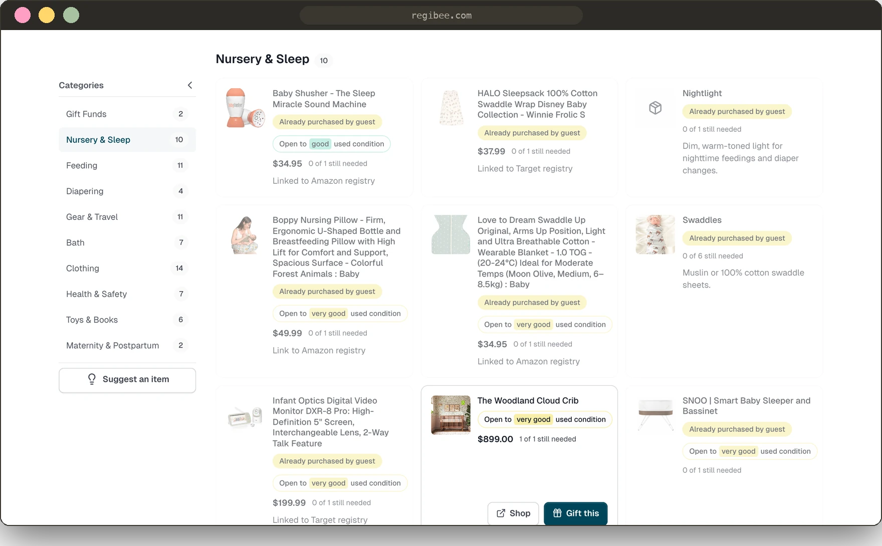 Registry item grid with a category side nav; cards show purchase status, open-to-secondhand condition tags, price and Shop / Gift this actions