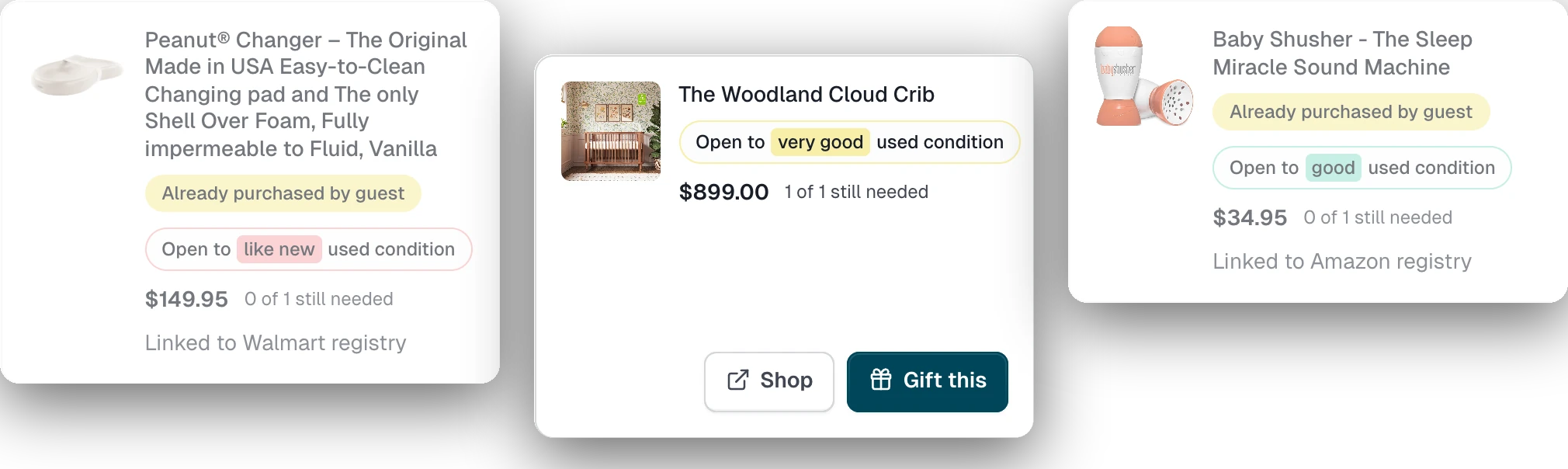 Three registry item cards marked open to secondhand: a changing pad open to like-new condition and a sound machine open to good condition, both already purchased by guests, and a crib open to very good condition still available