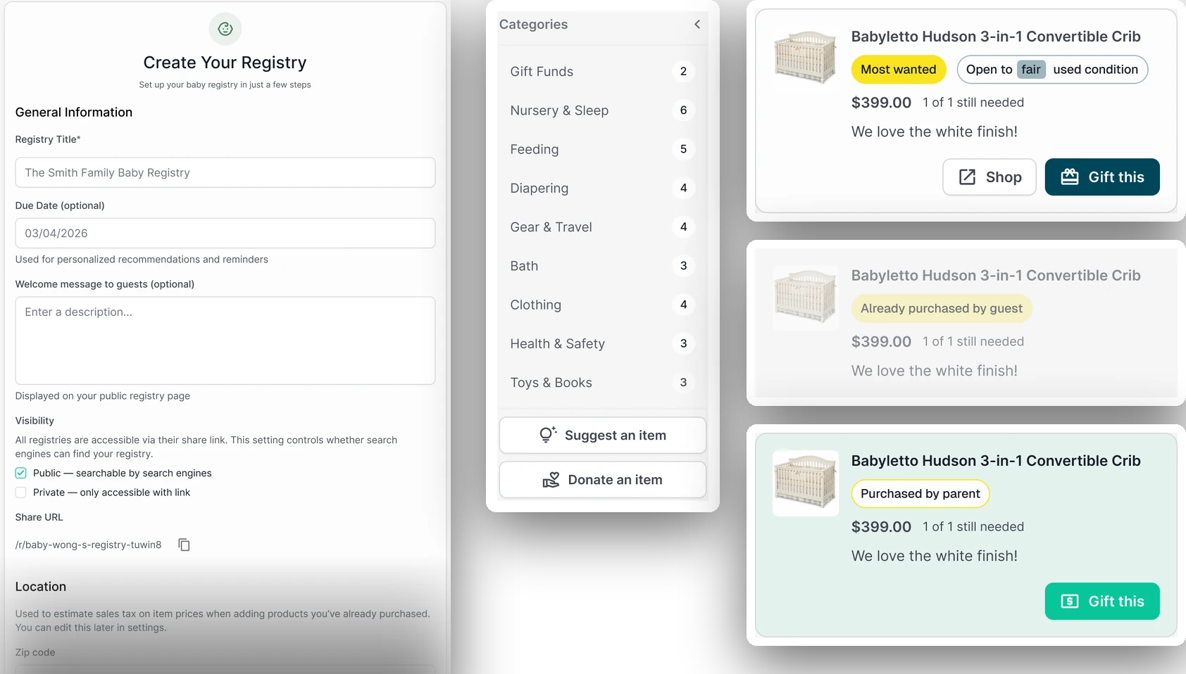 Create Your Registry form beside the category navigation and three item-card states: most wanted, already purchased by guest, and purchased by parent