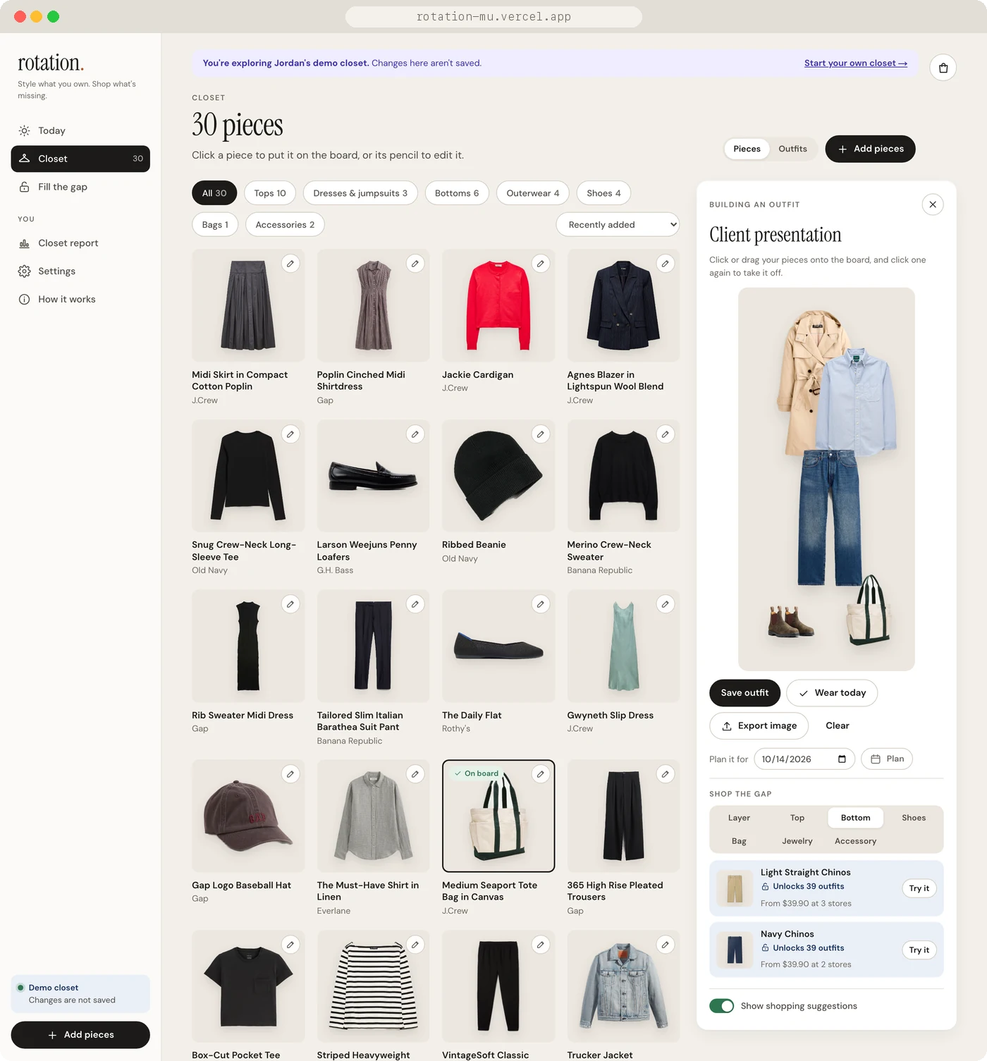 Closet grid of 30 real pieces with an outfit board open beside it: a trench, oxford shirt, jeans, boots and a tote arranged at true relative sizes, with Save outfit, Wear today, Export image and a Shop the gap section offering chinos to try