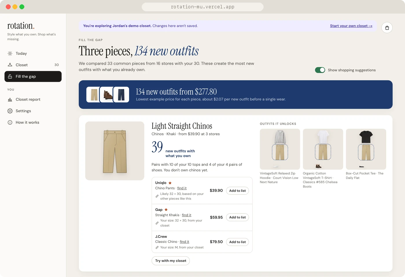 Fill the gap page headed Three pieces, 134 new outfits. The top pick, Light Straight Chinos, unlocks 39 new outfits, with options from Uniqlo, Gap and J.Crew, each with a likely size and price, beside three of the outfits it unlocks