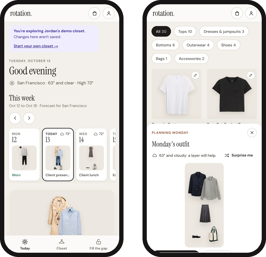 Two phone screens: Today with the demo closet's week strip, and planning Monday's outfit with the pieces list and the outfit board as a sheet
