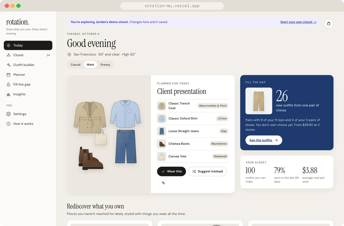 Earlier Today page with six tabs in the sidebar (Today, Closet, Outfit builder, Planner, Fill the gap, Insights), an occasion toggle and a stats card beside today's outfit