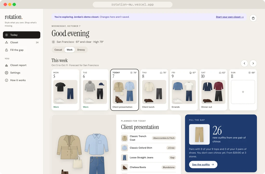 Today page a day later with three tabs (Today, Closet, Fill the gap), the stats card gone, and a week strip of planned outfits above today's outfit