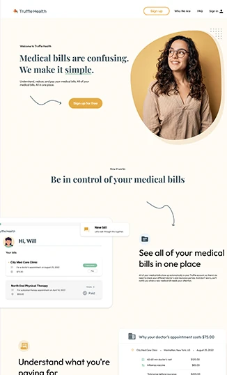 The redesigned site: a cream page with the 'Medical bills are confusing. We make it simple.' hero, then a How it works section that opens with a real product card listing the patient's bills