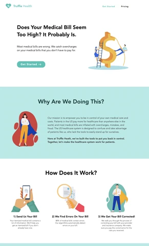 The old Truffle Health site: a white and teal page headed 'Does your medical bill seem too high? It probably is.', followed by a teal block of text on why Truffle exists and a How does it work section with three illustrations