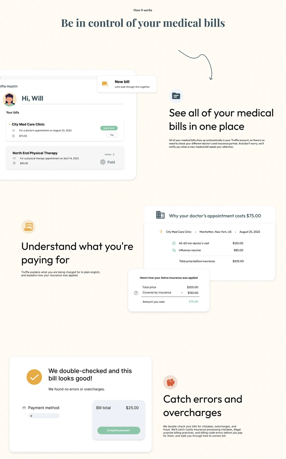 The How it works section, titled 'Be in control of your medical bills': a dashboard card listing bills from City Med Care Clinic and North End Physical Therapy, a breakdown of why a doctor's appointment costs $75 and how insurance was applied, and a confirmation that a bill was double-checked and looks good