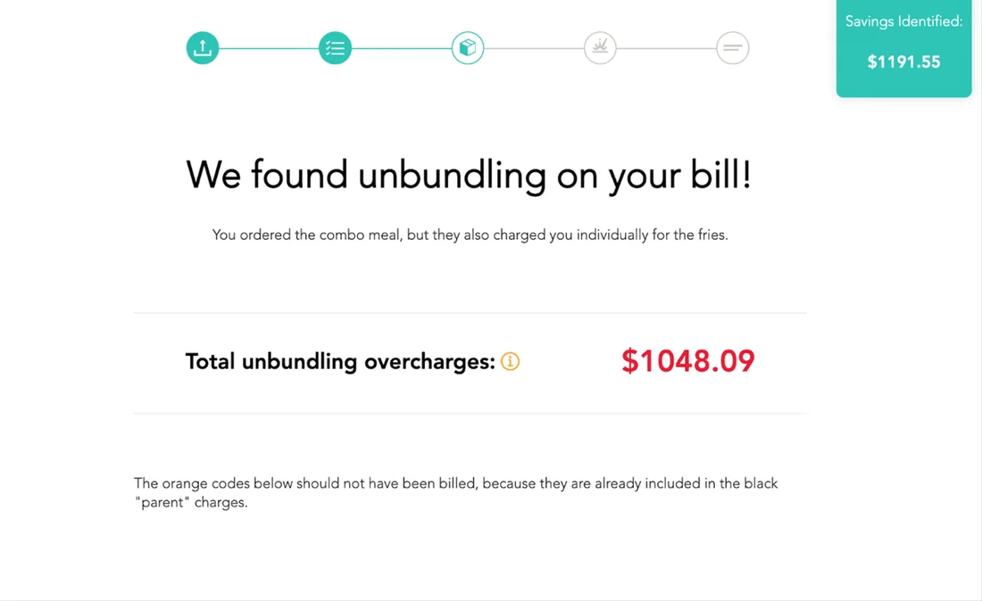 Version 1 of the unbundling step: a five-icon progress bar across the top, a Savings Identified badge in the corner, and total unbundling overcharges of $1,048.09